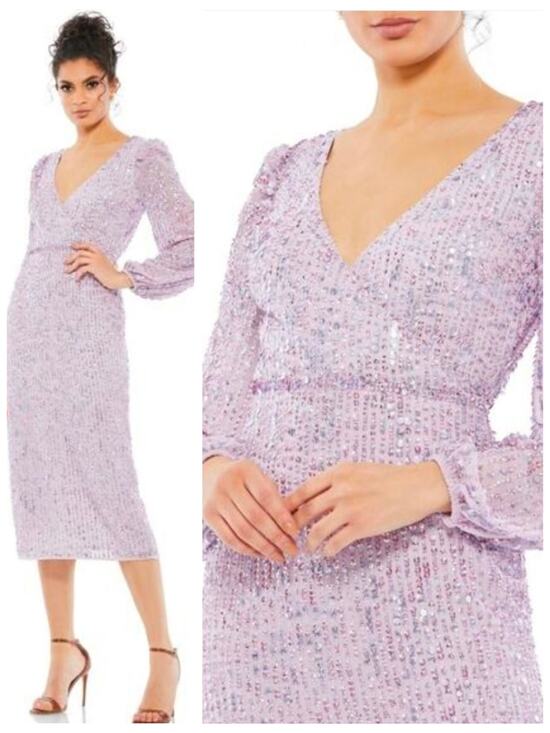 Mac Duggal Dresses & Skirts - Mac Duggal 107641 Sequin Lavender Purple V Neck Long Sleeve Midi Dress 4 Gown